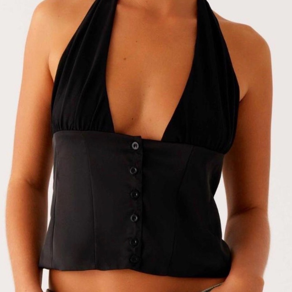 Black Halter Button-Front Bustier Top